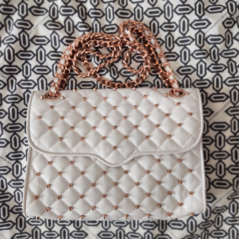 Rebecca Minkoff Large Quilted Stud Rose Gold White Leather Handbag Purse Love